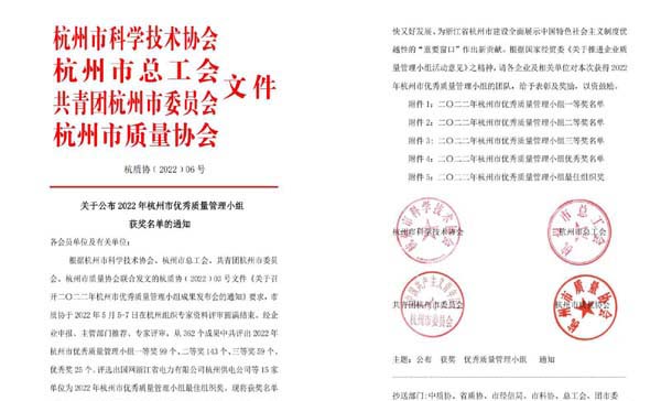 喜報！杭叉集團七個QC成果榮獲杭州市優(yōu)秀質(zhì)量管理小組獎